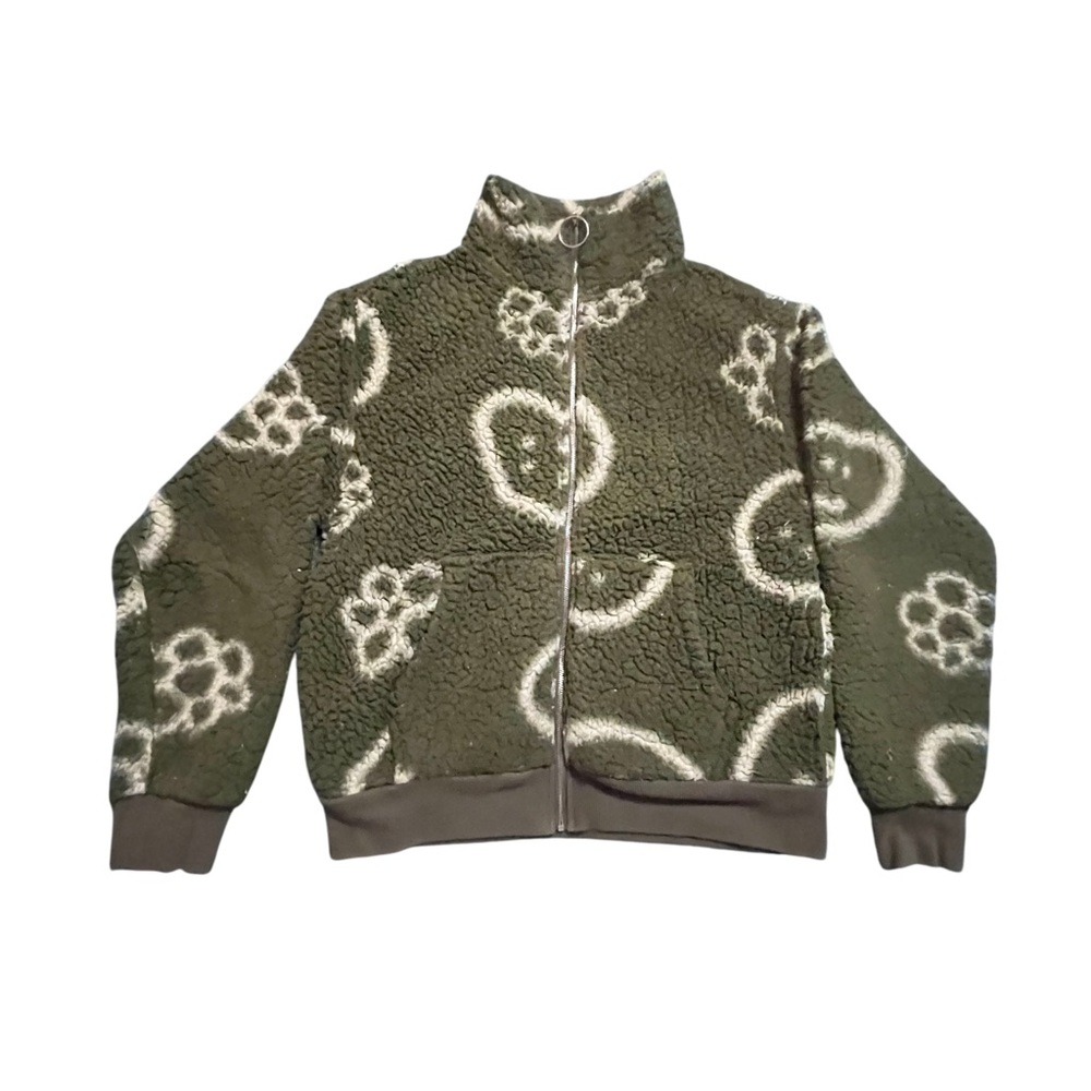 Green Fleece Jacket with White Floral Pattern